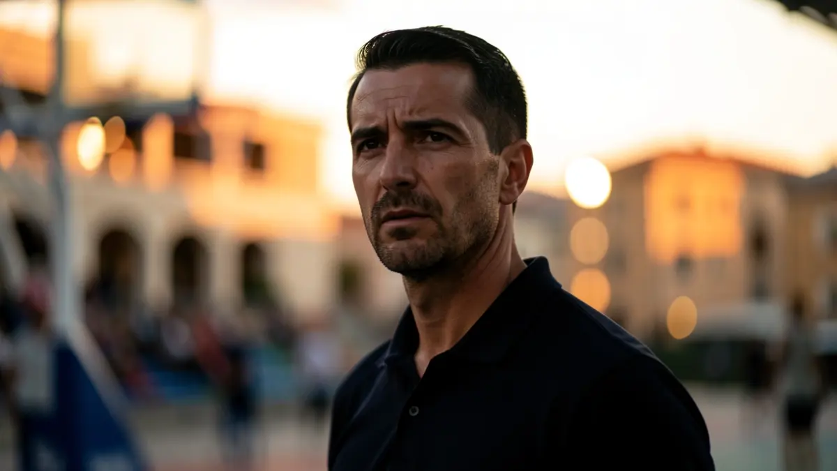 Generic image of a basketball coach in a Mediterranean urban setting.