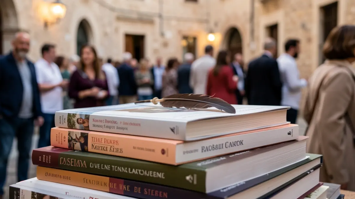 Imagen genérica de libros de poesía con una pluma.