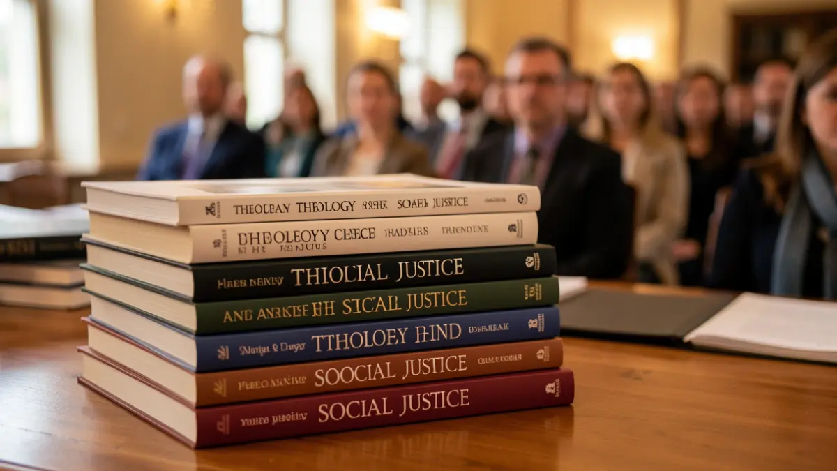 Imagen genérica de libros sobre teología y justicia social.