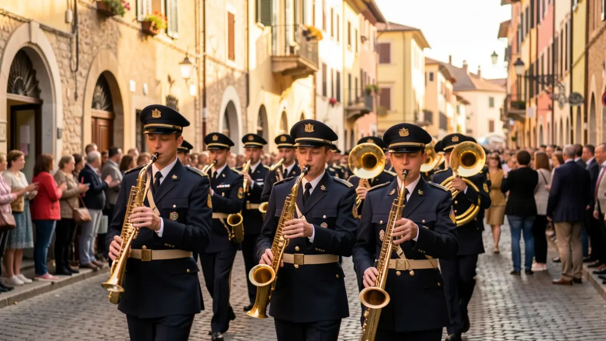 Generic image of a marching band on a city street during a festival.