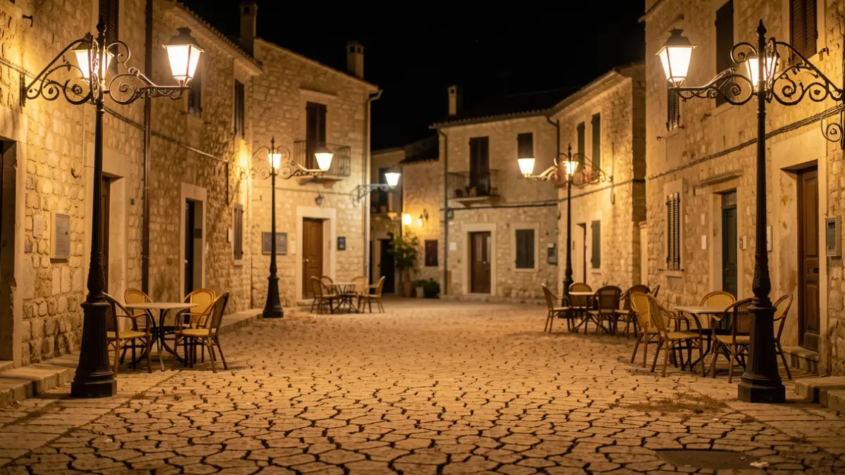 Imatge genèrica d'una plaça de poble valencià de nit amb mobiliari urbà i terra ressec per la calor.