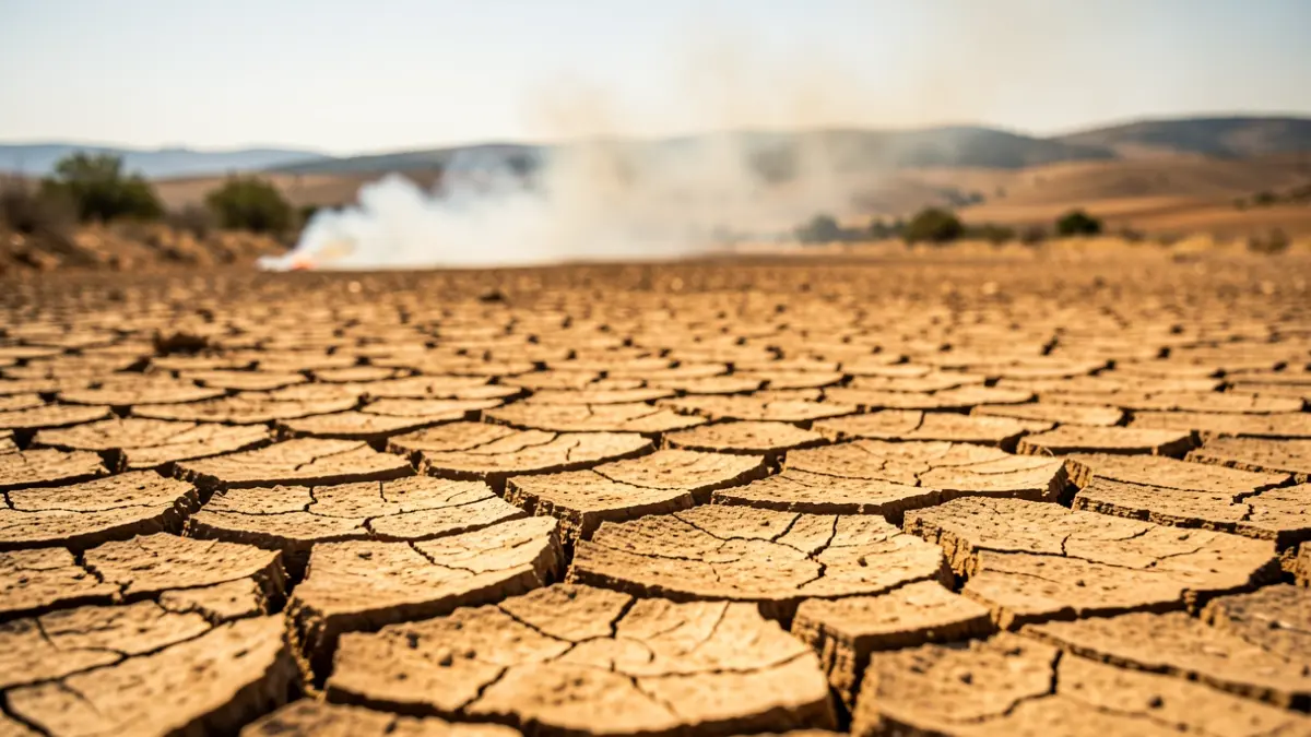 Imatge genèrica de terra seca i fum al cel, simbolitzant calor extrema i risc d'incendis.
