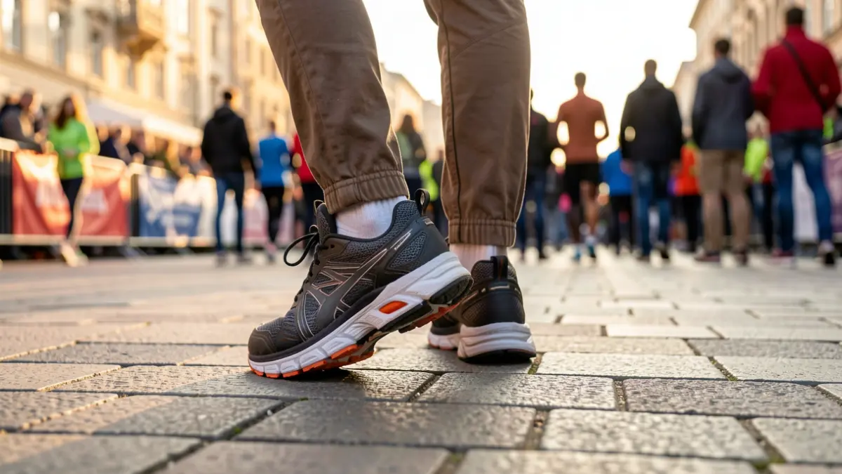 Generic image of a running shoe in an urban environment during a sports competition.