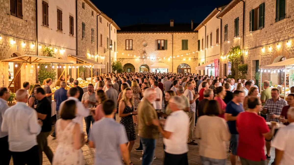 Generic image of a Mediterranean town square full of people celebrating a night festival.