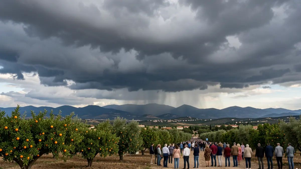 Generic image of storm clouds over a Mediterranean landscape with orange trees.