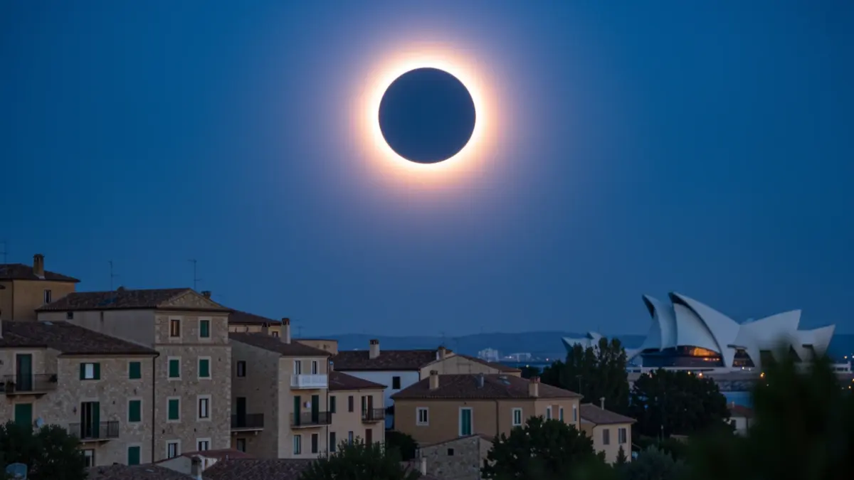 Imatge d'un eclips solar total sobre un paisatge mediterrani amb arquitectura valenciana.