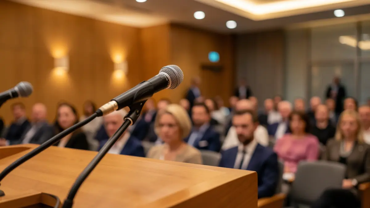Generic image of a microphone in a conference room.