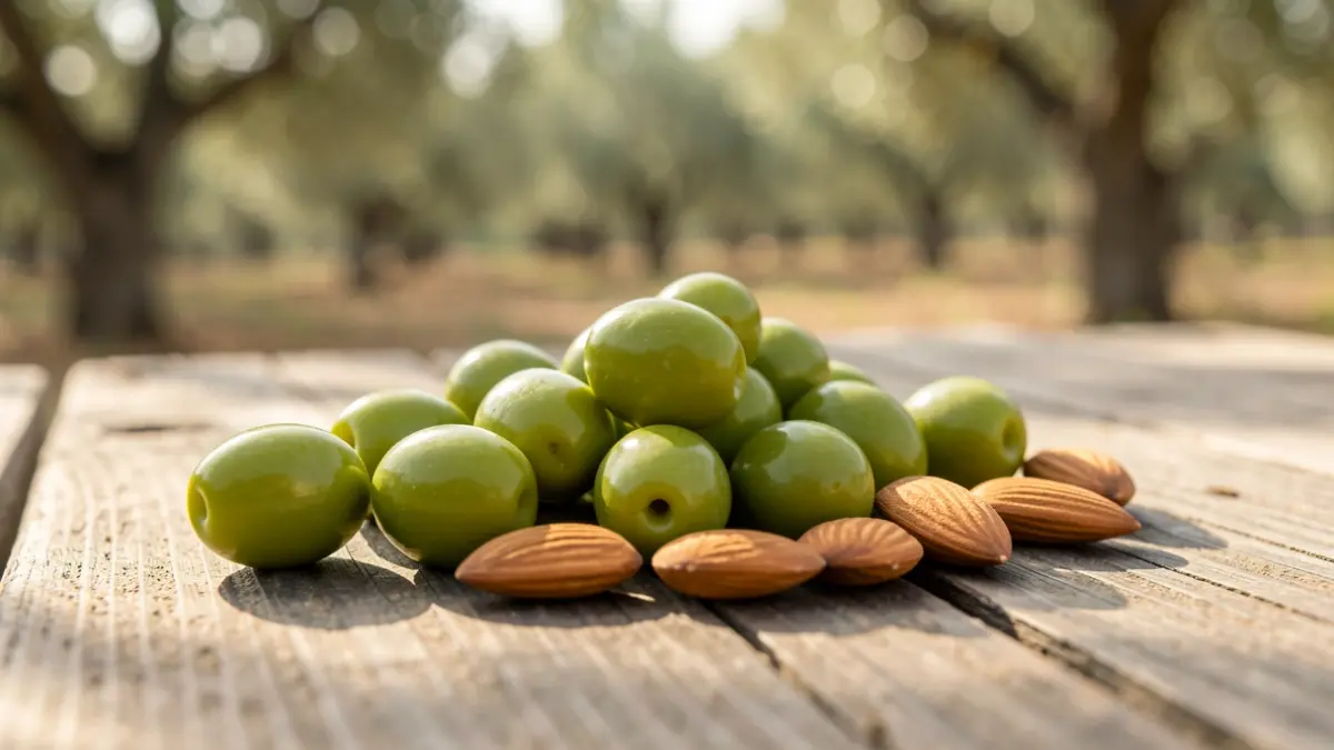 Imagen genérica de productos agrícolas como aceitunas y almendras sobre una mesa de madera.