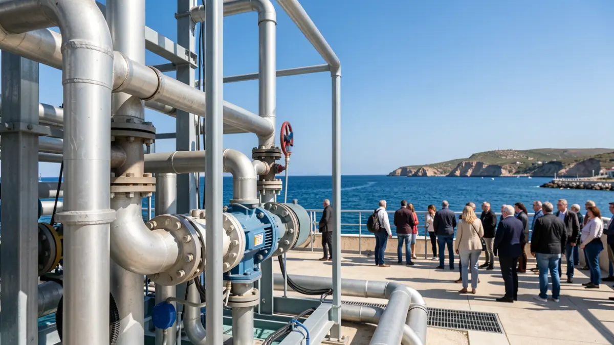 Imatge genèrica d'una planta dessaladora amb la costa mediterrània al fons.