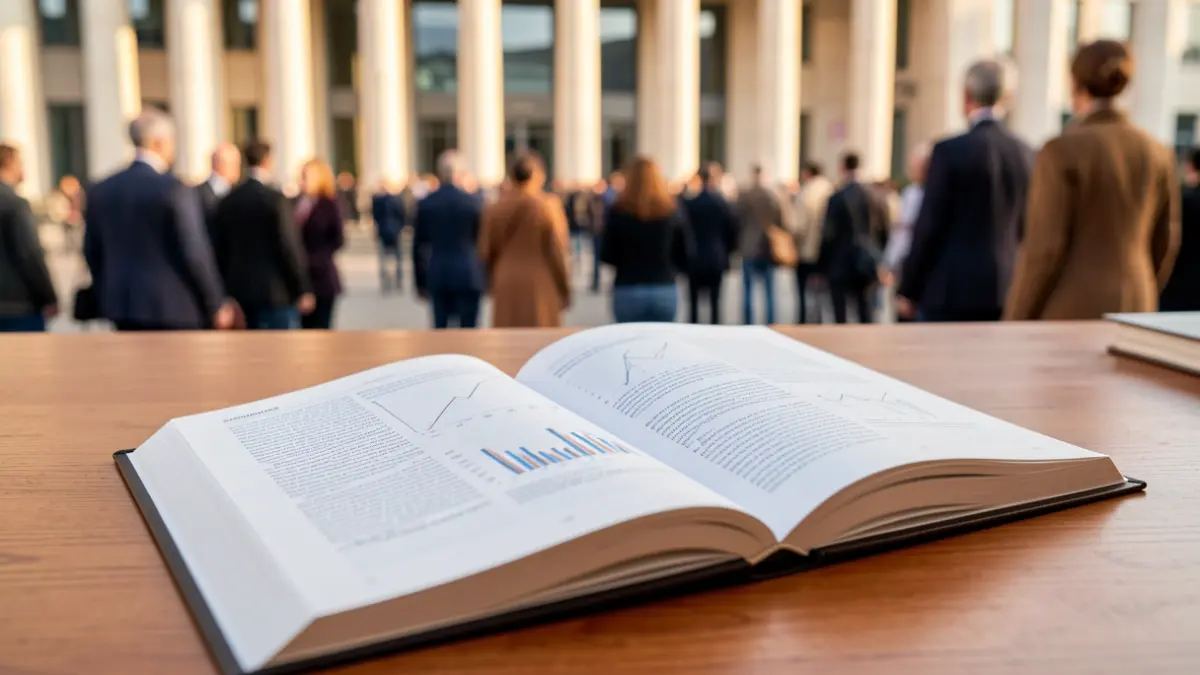Imatge genèrica d'un llibre obert sobre una taula amb un edifici institucional al fons.