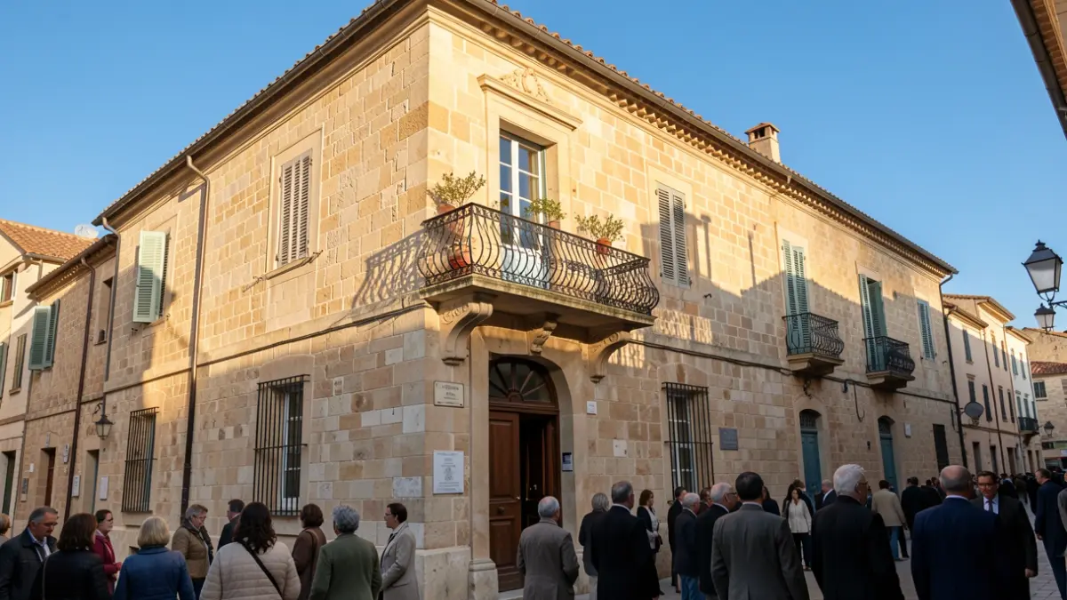 Generic image of a public building with an iron balcony in the afternoon sunlight.