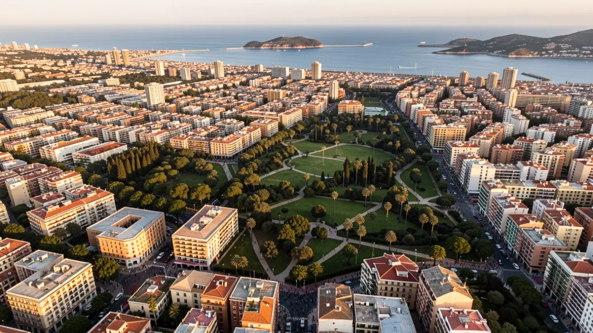 Vista aérea del área metropolitana de Valencia con zonas urbanas y espacios verdes.