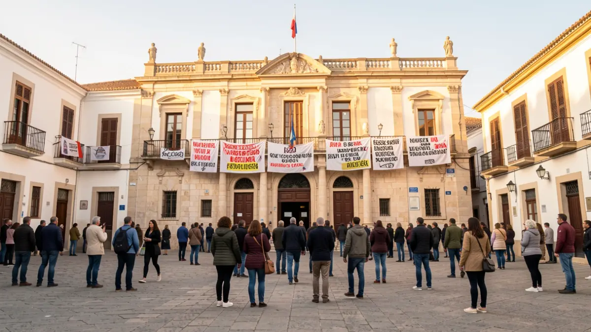 Imagen de la plaza de la Constitución de Dénia con pancartas frente al ayuntamiento.