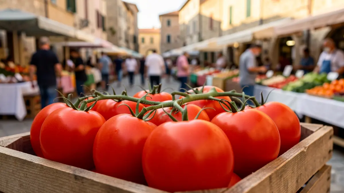 Imatge genèrica de tomates madures en una caixa de fusta, amb un mercat al fons.