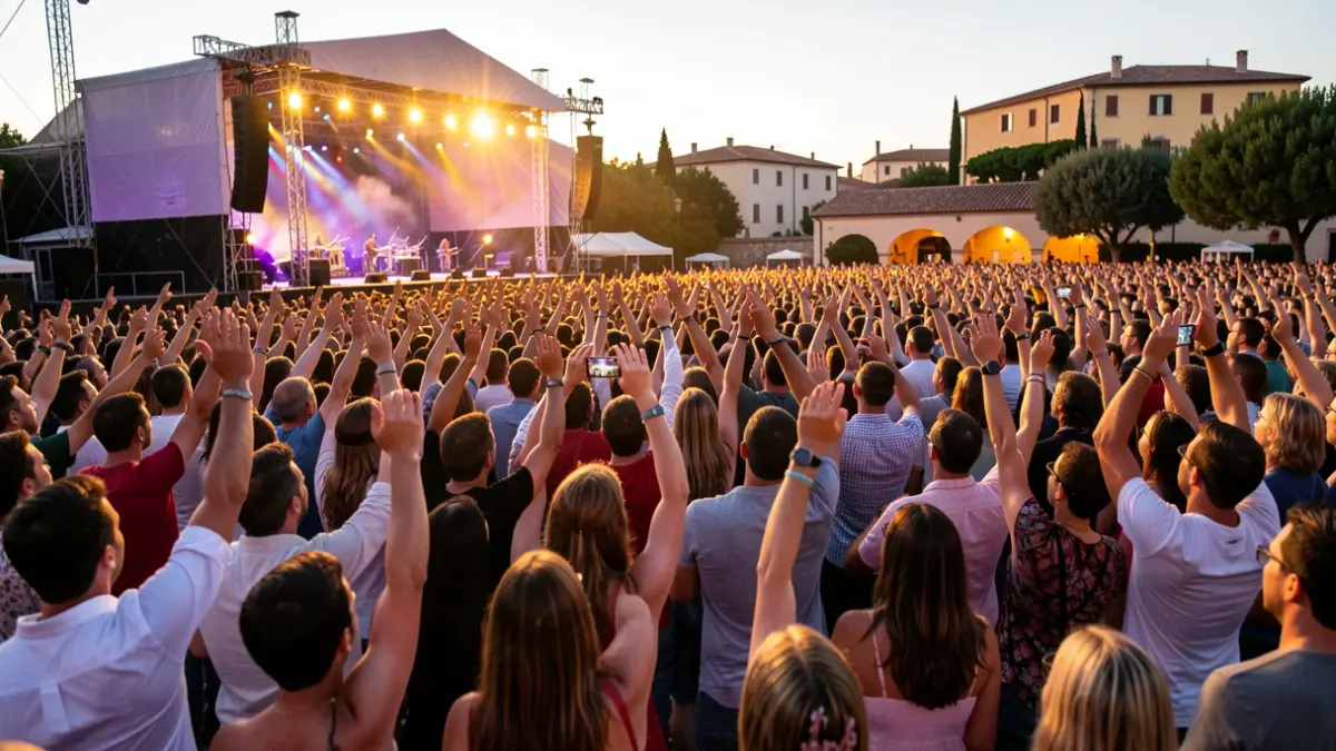 Imagen genérica de un concierto multitudinario al aire libre al atardecer.
