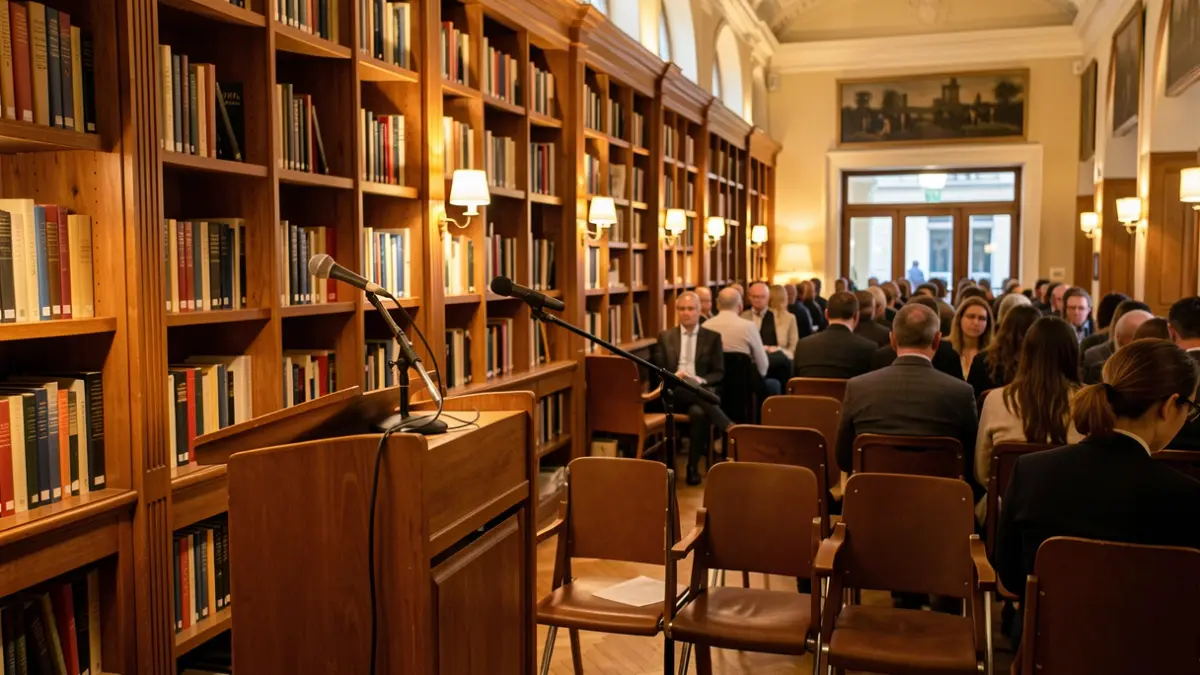 Interior d'una sala d'exposicions amb il·luminació càlida i prestatgeries de fusta.