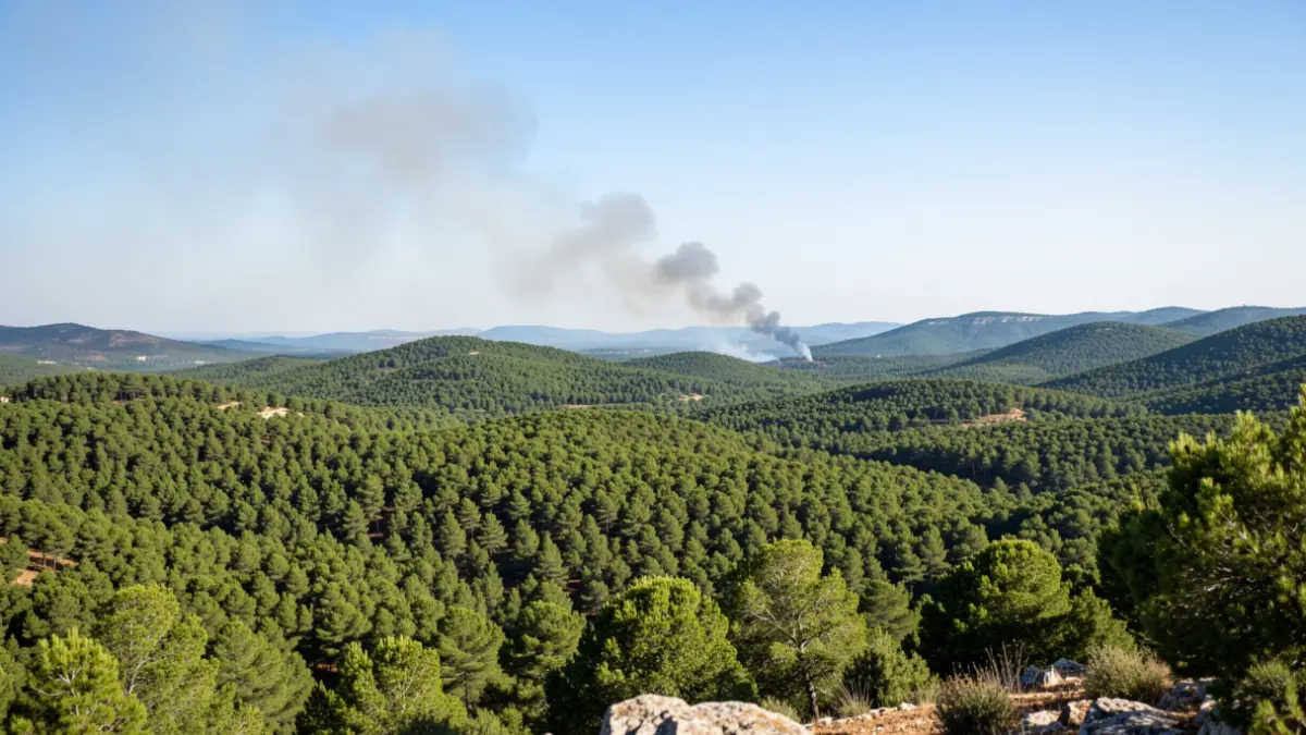 Generic image of a Mediterranean forest with distant smoke.
