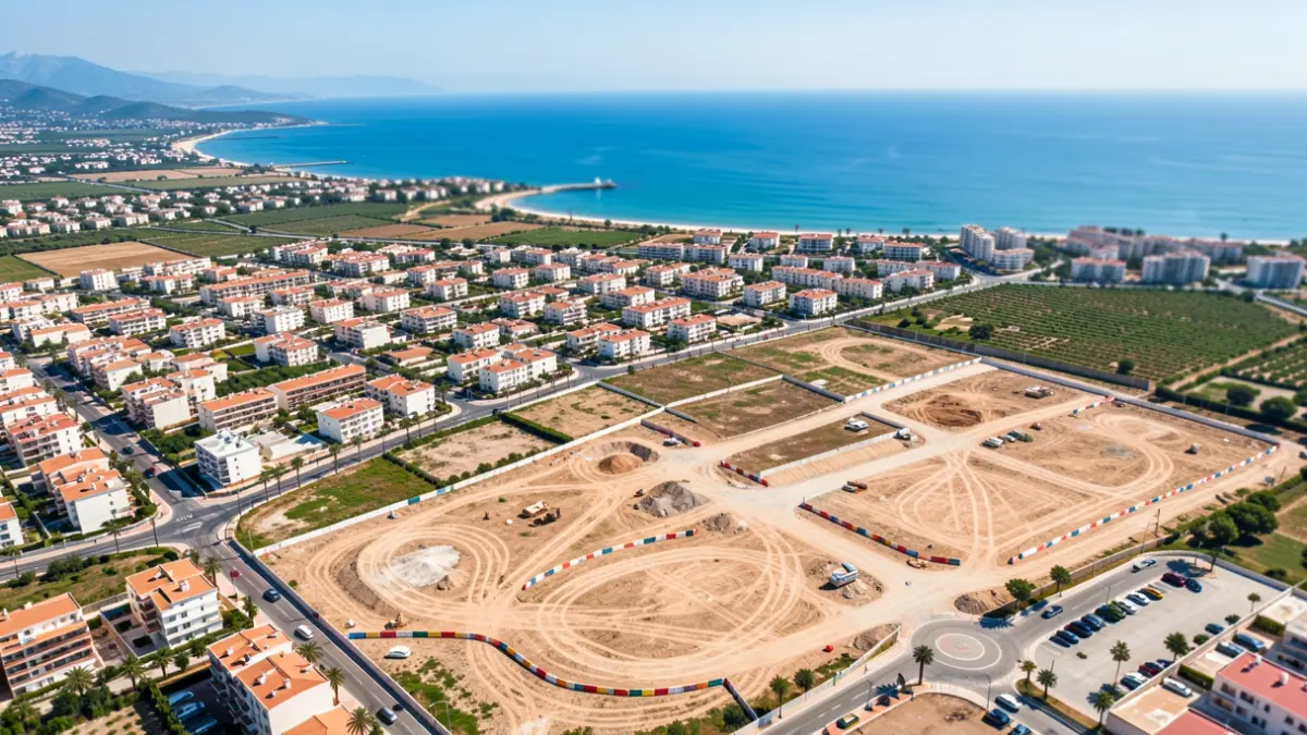 Vista aèria d'una zona costanera en desenvolupament a la Comunitat Valenciana amb construccions i terrenys pendents.
