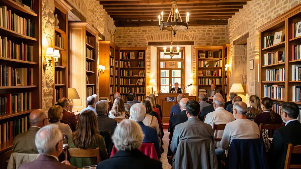 Interior de un centro cultural en Valencia con elementos tradicionales y un atril para actos.