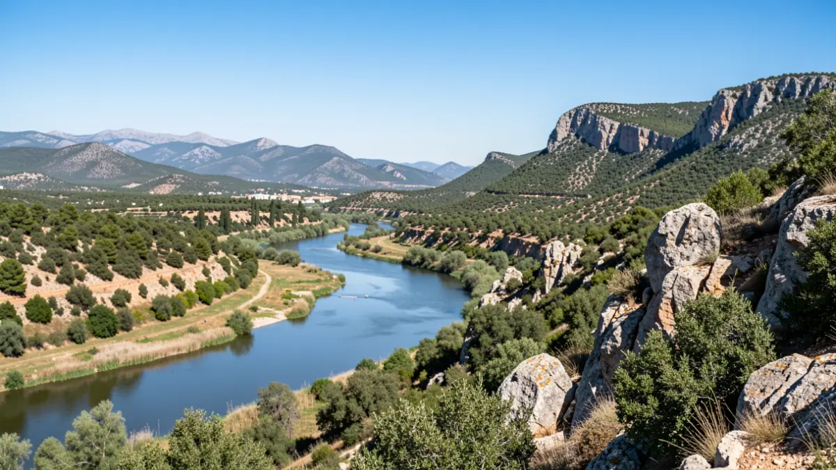 Vista panorámica del valle del río Serpis en la Comunitat Valenciana, con diversidad de ecosistemas.