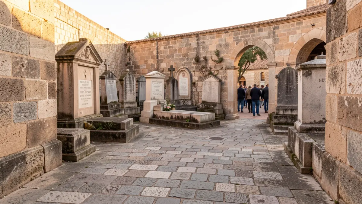 Image of a quiet corner of a historic cemetery in Alicante with stone walls.