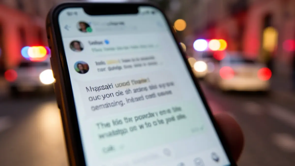 Generic image of a mobile phone displaying WhatsApp messages with emergency lights in the background.