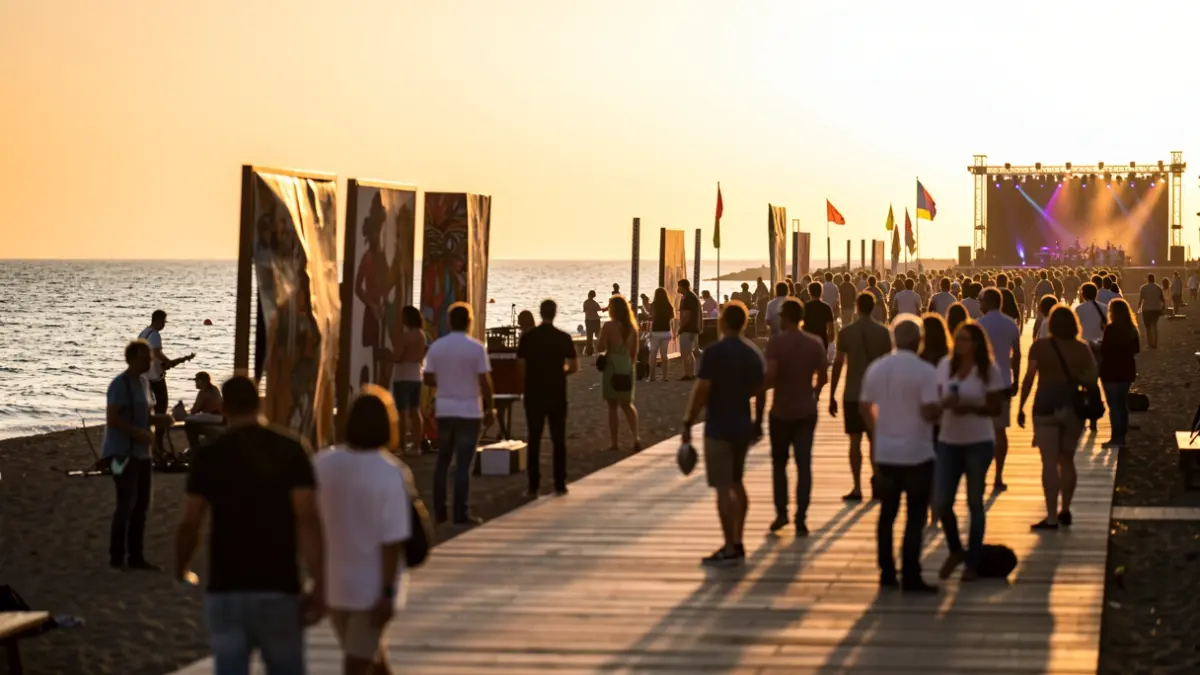 Generic image of a beach cultural event with music and art.