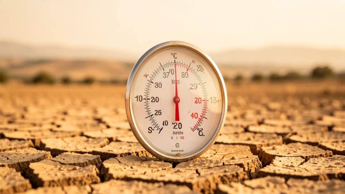 Thermometer showing high temperature in a dry, heat-hazed landscape.