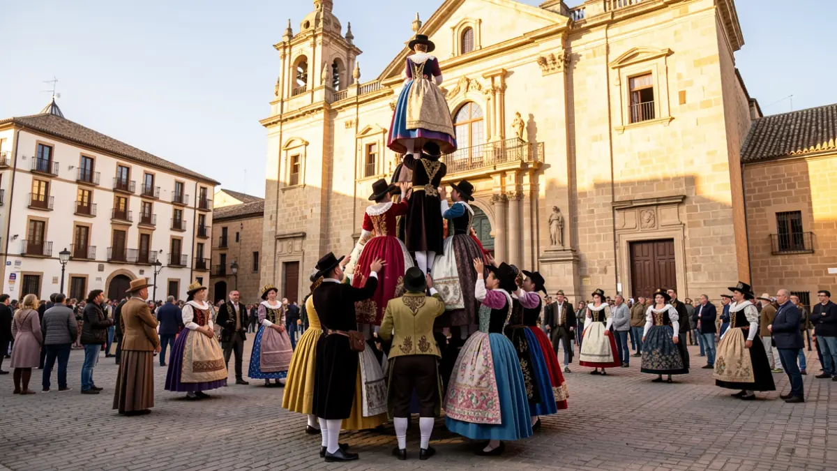 Generic image of the Muixeranga de la Marina Alta forming a human tower in front of an Andalusian church.