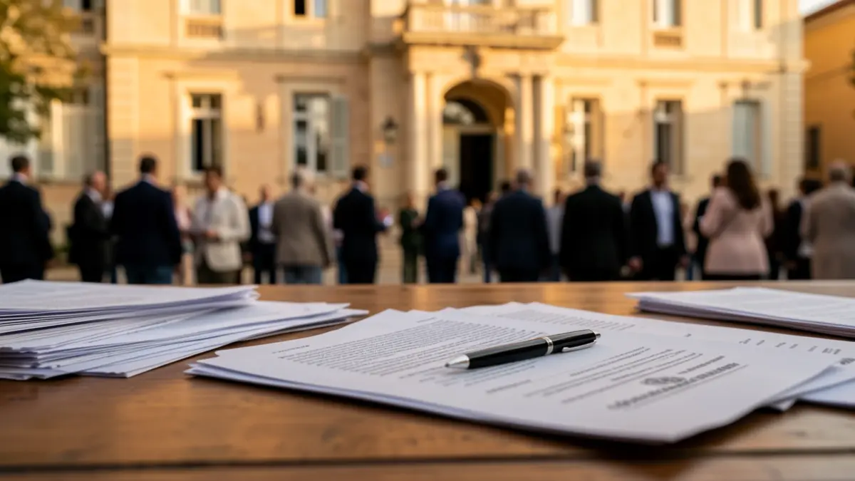 Imatge genèrica d'un escriptori amb documents i un edifici institucional al fons.