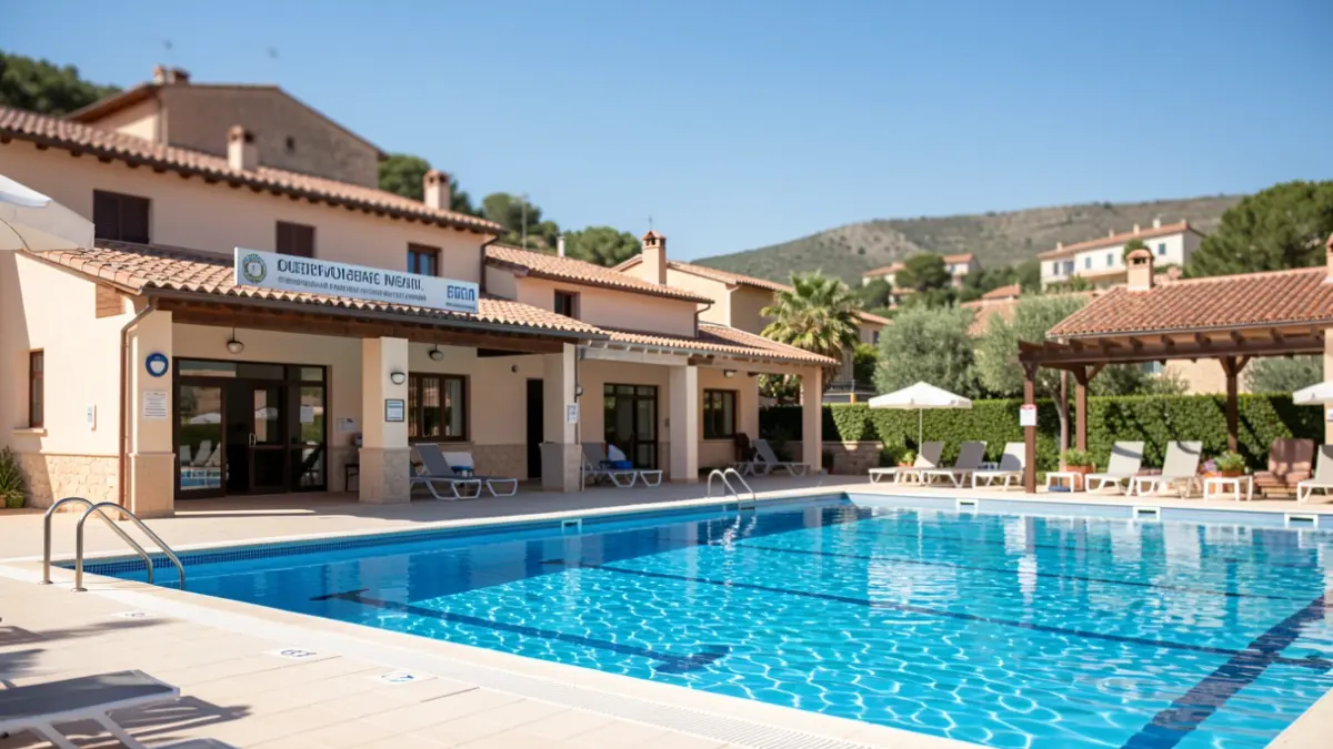 Generic image of the exterior of a municipal swimming pool on a sunny day.