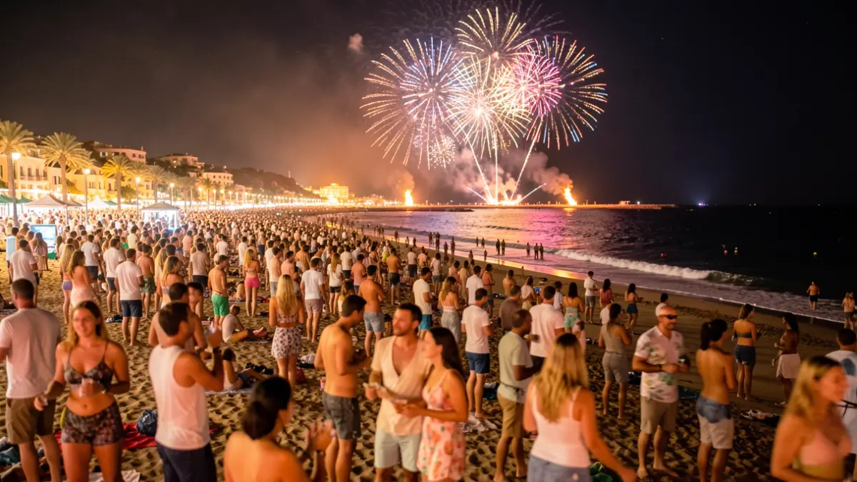 Generic image of San Juan night on the beach with bonfires and fireworks.