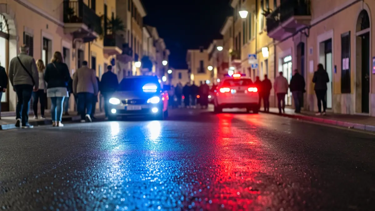 Imatge genèrica de llums d'emergència policials reflectint-se en asfalt mullat.