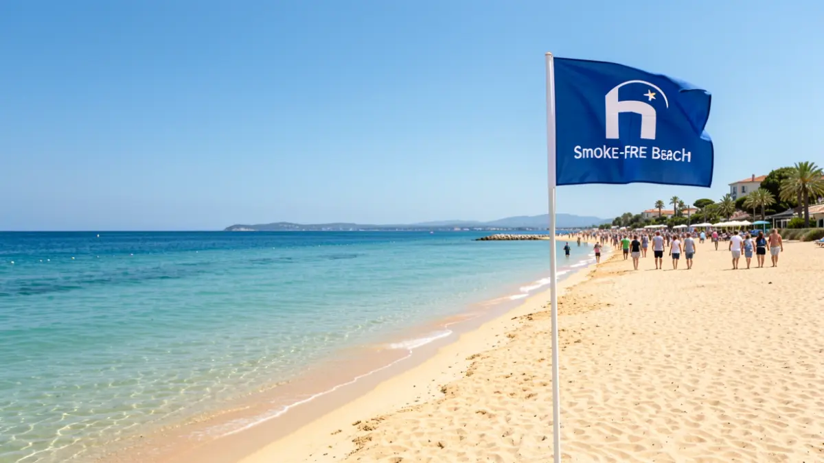 Imatge genèrica d'una platja mediterrània amb una bandera que indica 'Platja sense Fums'.