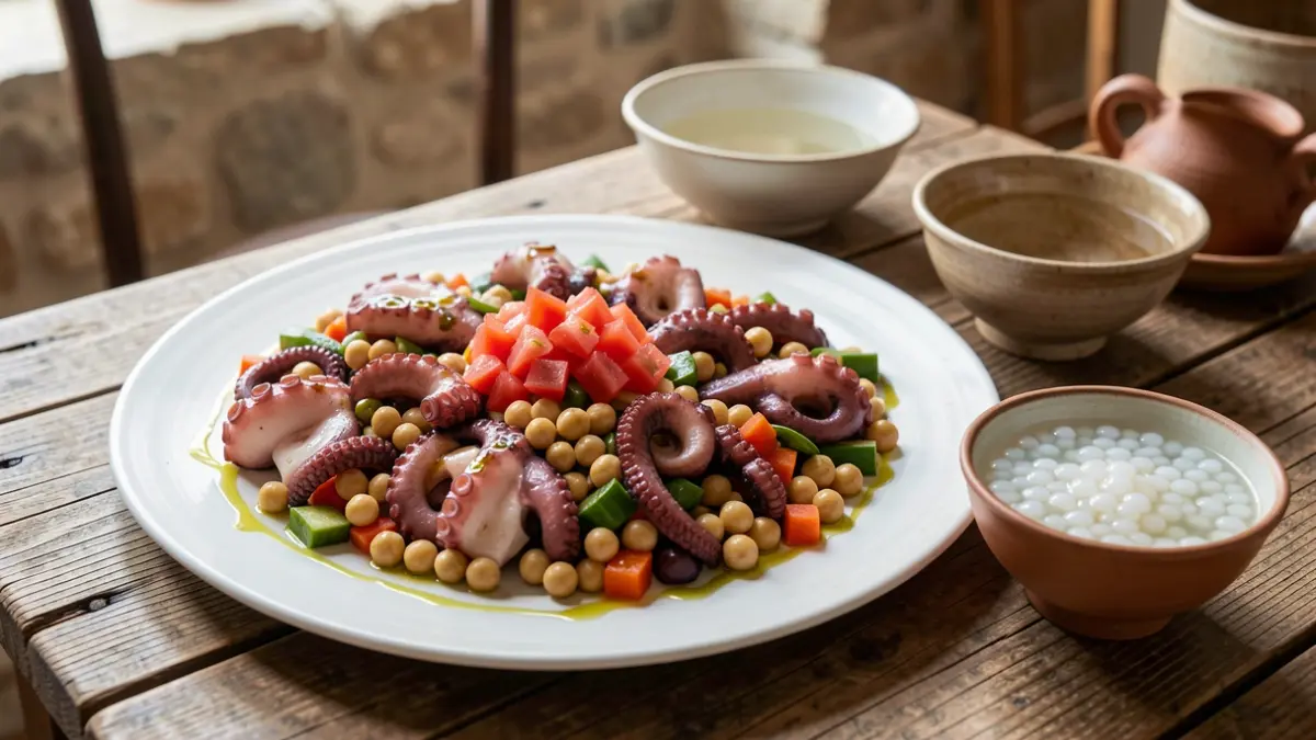 Image of an octopus salad with chickpeas and tapioca.