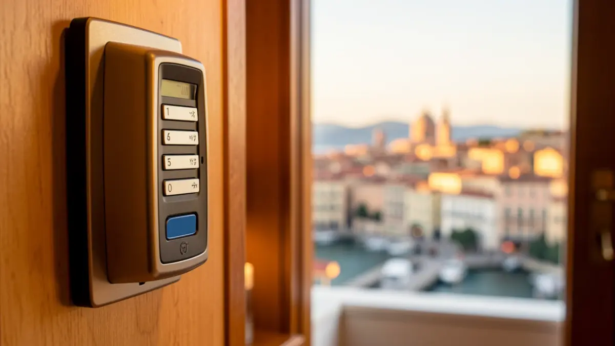 Imatge genèrica d'un dispensador de targetes de clau d'hotel amb un paisatge urbà mediterrani desenfocat al fons.