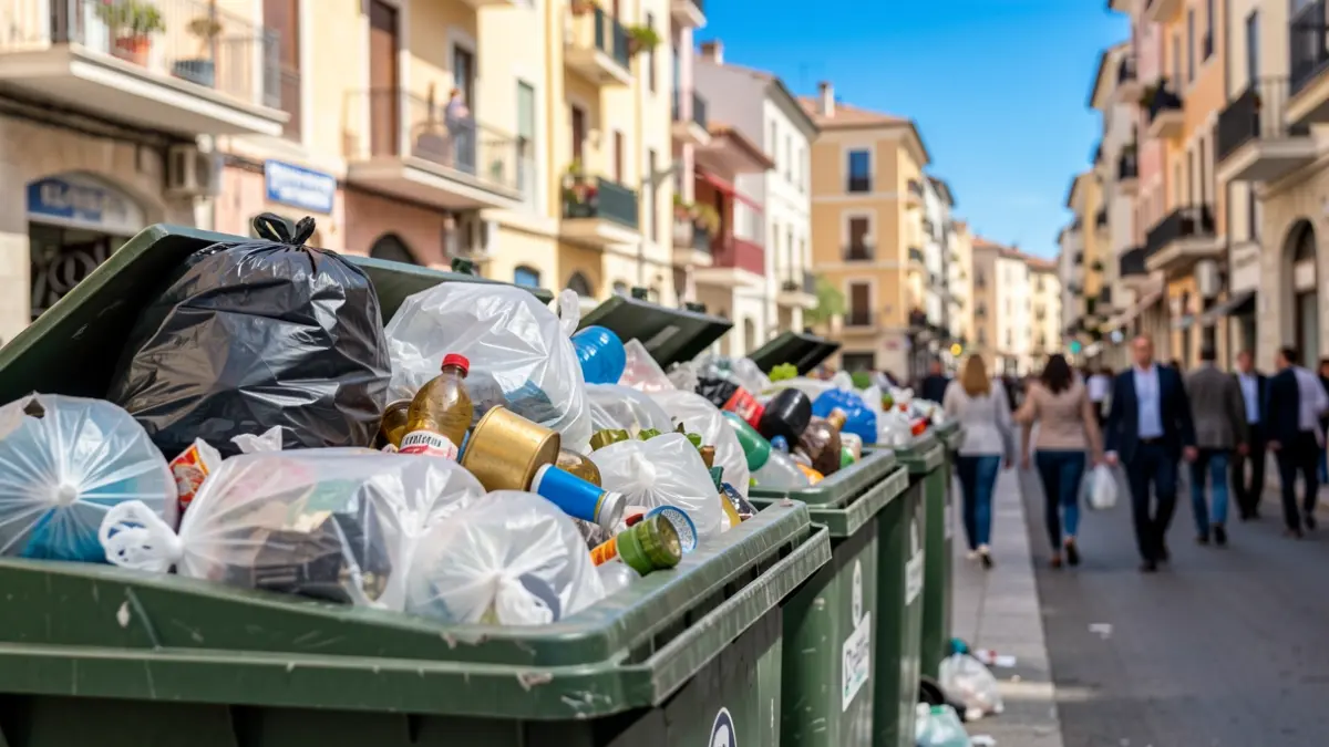 Imagen genérica de contenedores de basura desbordados en una calle urbana.