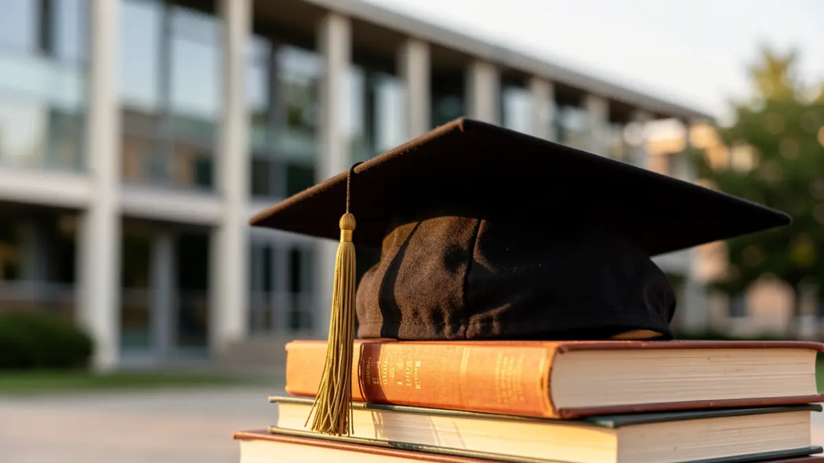 Imatge genèrica d'un birret sobre llibres davant d'una universitat.