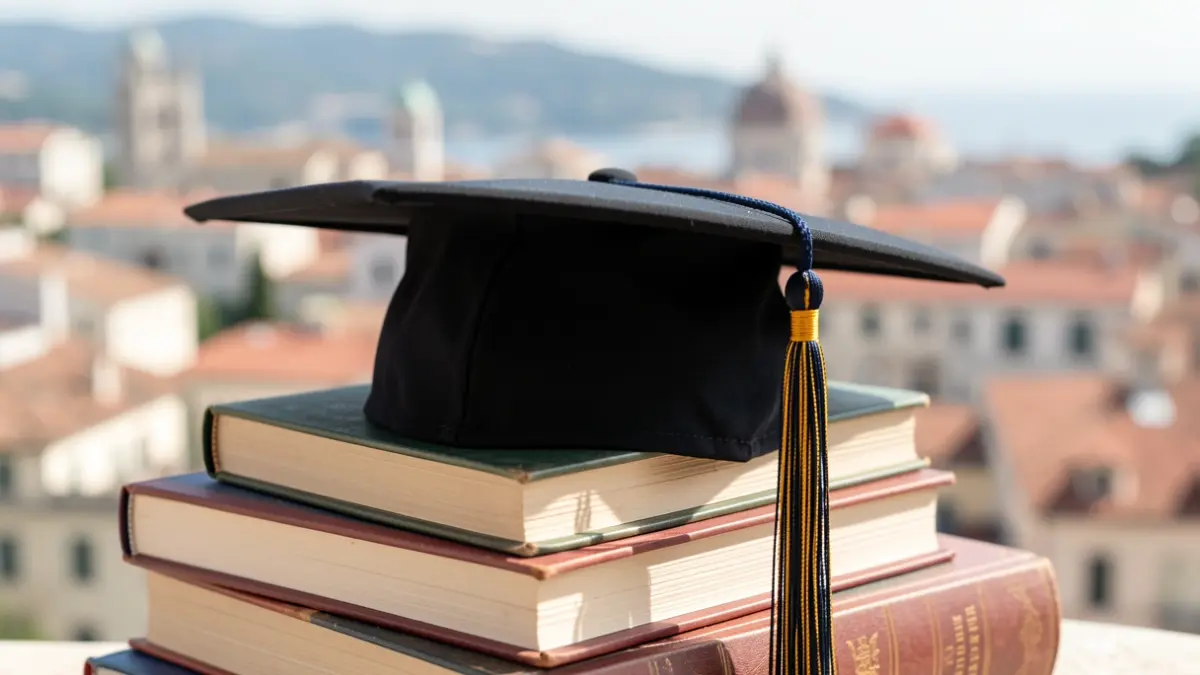 Generic image of a university graduation cap on books, with a Valencian urban landscape in the background.