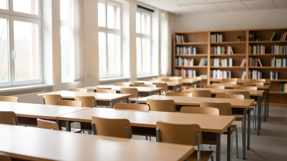 Imatge genèrica d'una aula universitària amb escriptoris i llum natural.