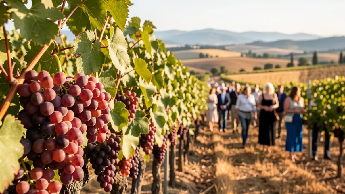 Imagen genérica de viñedos con uvas maduras y paisaje mediterráneo.