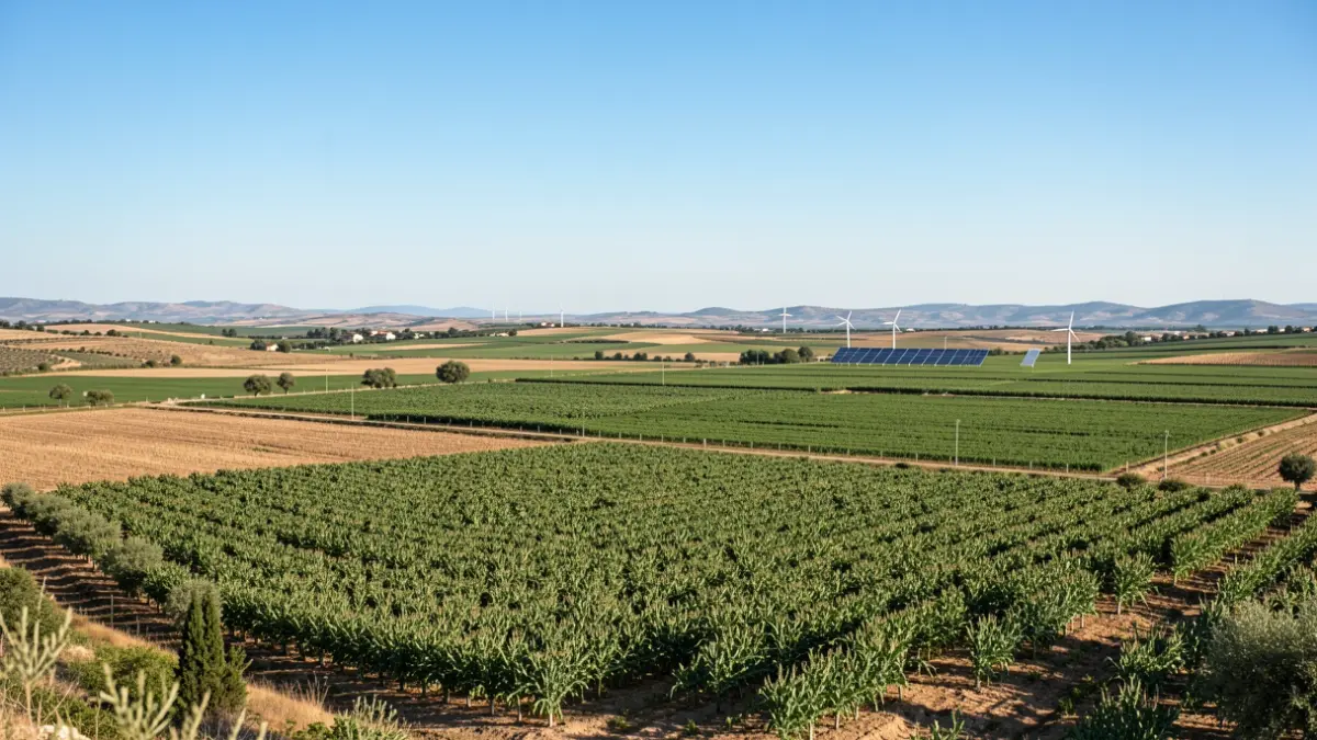 Generic image of agricultural fields with solar panels in the background.