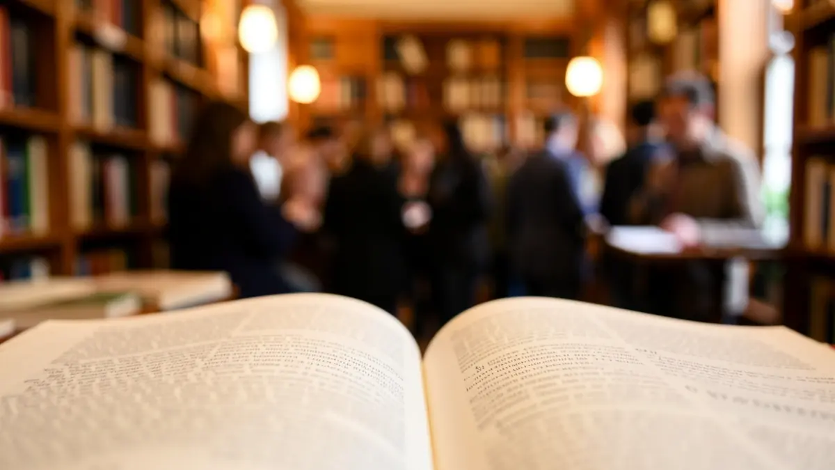 Generic image of a library interior with books and warm lighting.