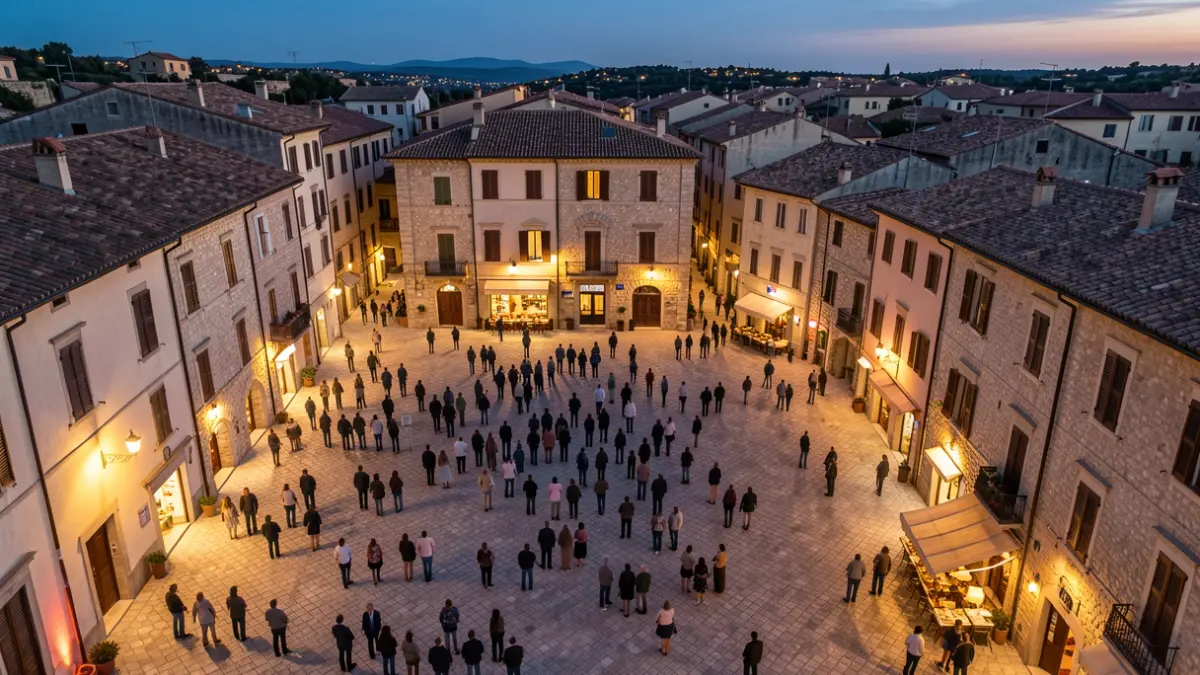 Generic image of a Mediterranean city square illuminated at dusk, suggesting urban planning.