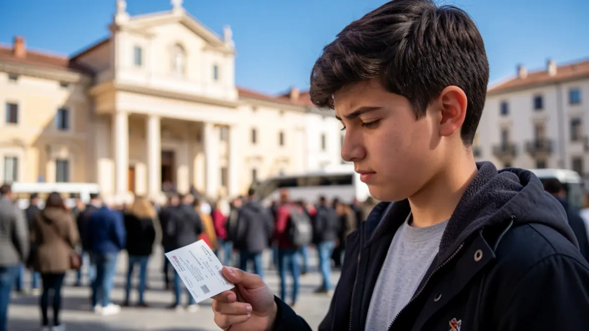 Generic image of a university student with a transport ticket in front of a municipal building.