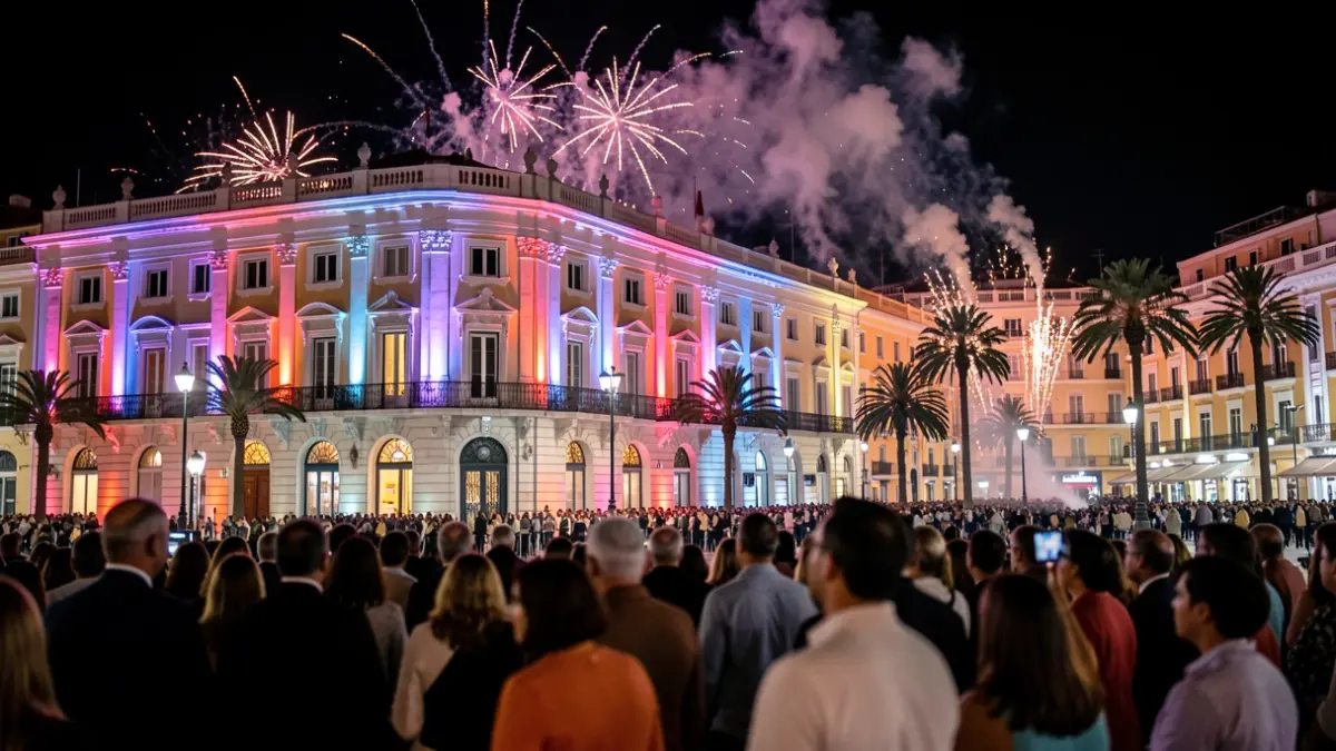 Generic image of a nighttime pyrotechnic show with a crowd.