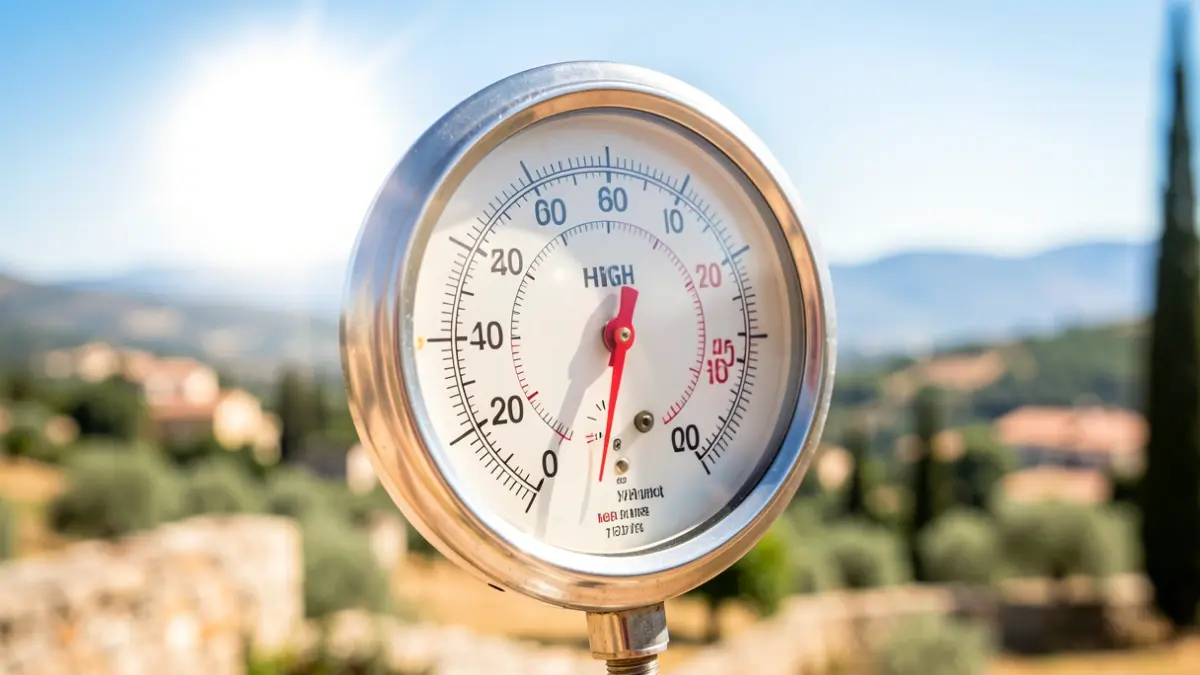 Generic image of intense heat with a thermometer and Mediterranean landscape.
