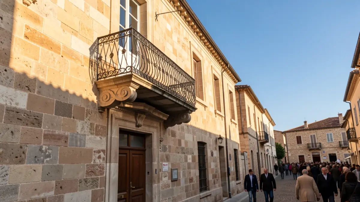 Façana d'un ajuntament mediterrani amb balcó de ferro forjat, llum solar de la vesprada.