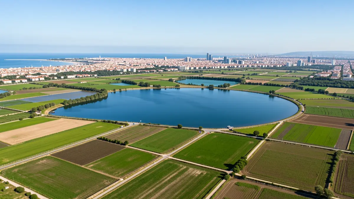 Vista aérea del Parque Natural de la Albufera de Valencia, con arrozales y la costa.