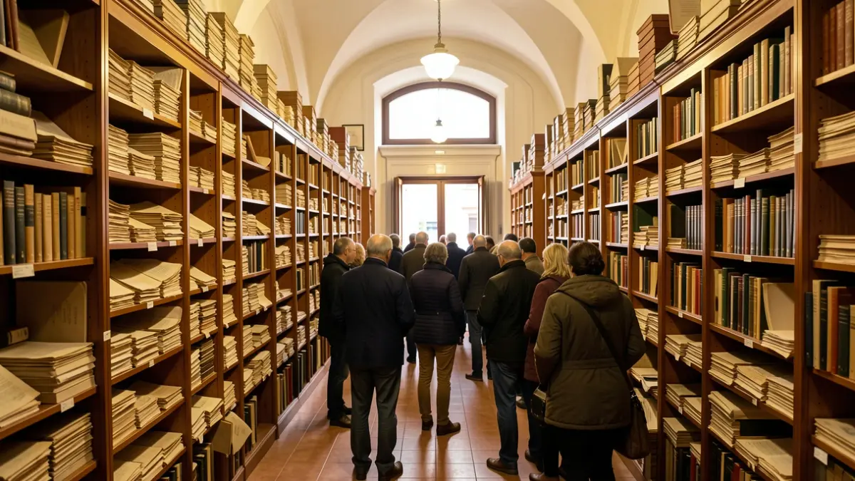 Imatge genèrica de l'interior d'un arxiu municipal amb prestatgeries plenes de documents antics.